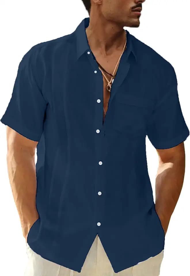LVCBL Herren Leinenhemd Kurzarm Sommerhemd Männer Freizeithemd mit Brusttasche Regular Fit Männer Hemden
