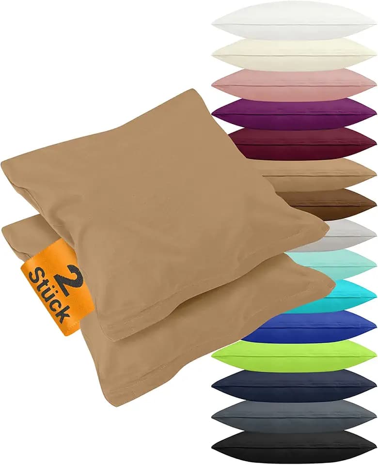 npluseins 2er Pack Jersey-Baumwoll-Bezüge Kopfkissen, 80 x 80 cm, Sand