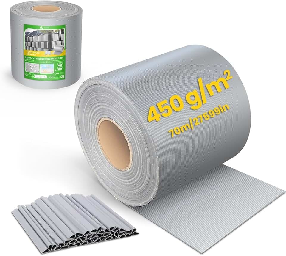 VOUNOT® PVC Sichtschutzstreifen für Doppelstabmatten 70m x 19cm, 40 Befestigungsclips, Sichtschutz Zaunfolie für Stabmattenzaun, Gartenzaun, Zaun, Hellgrau