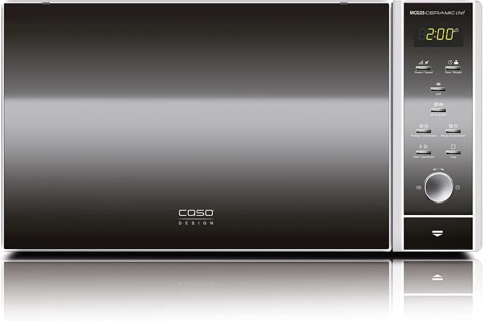 CASO | MCG25 Ceramic chef 3in1 Mikrowelle mit Grill und Heißluft 2050W |Borosilikatglasboden, Grill-Rost für 2 Ebenen, 110-200°C, 25 L, Edelstahl verspiegelt, Silber
