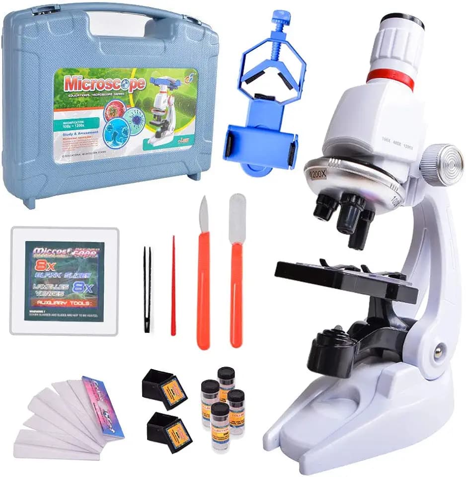 Kinder Mikroskop,100x 400x 1200x Vergrößerung Wissenschaft Kinder Mikroskop Kit mit LED Beleuchtung mit Zubehör Telefonhalter Kunststoff-Box Set für Schüler