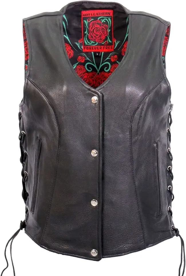 Hot Leathers Ladies Black Premium Leather Motorcycle Vest with Red Rose Lining