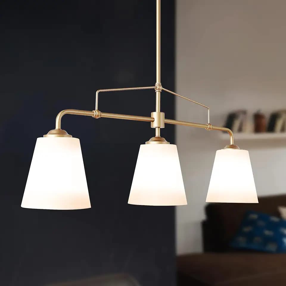 classy leaves Gold Chandeliers, Gold Linear Chandelier Light Fixture with White Fabric Shade, Modern 3 Light Island Light for Kitchen Dining Room Living Room