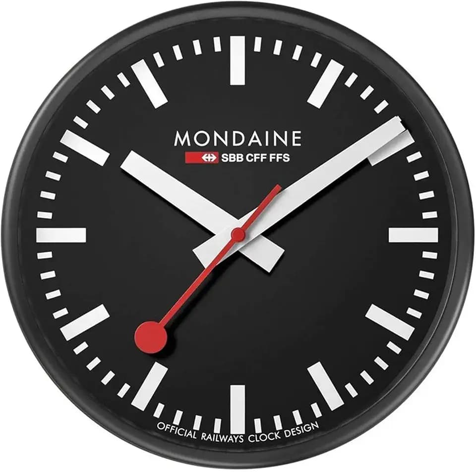 Mondaine - Wanduhr A990.Clock.64SBB 25cm - Bahnhofsuhr in Schwarz aus Aluminium mit rotem Sekundenzeiger staubbeständig - Hergestellt in der Schweiz
