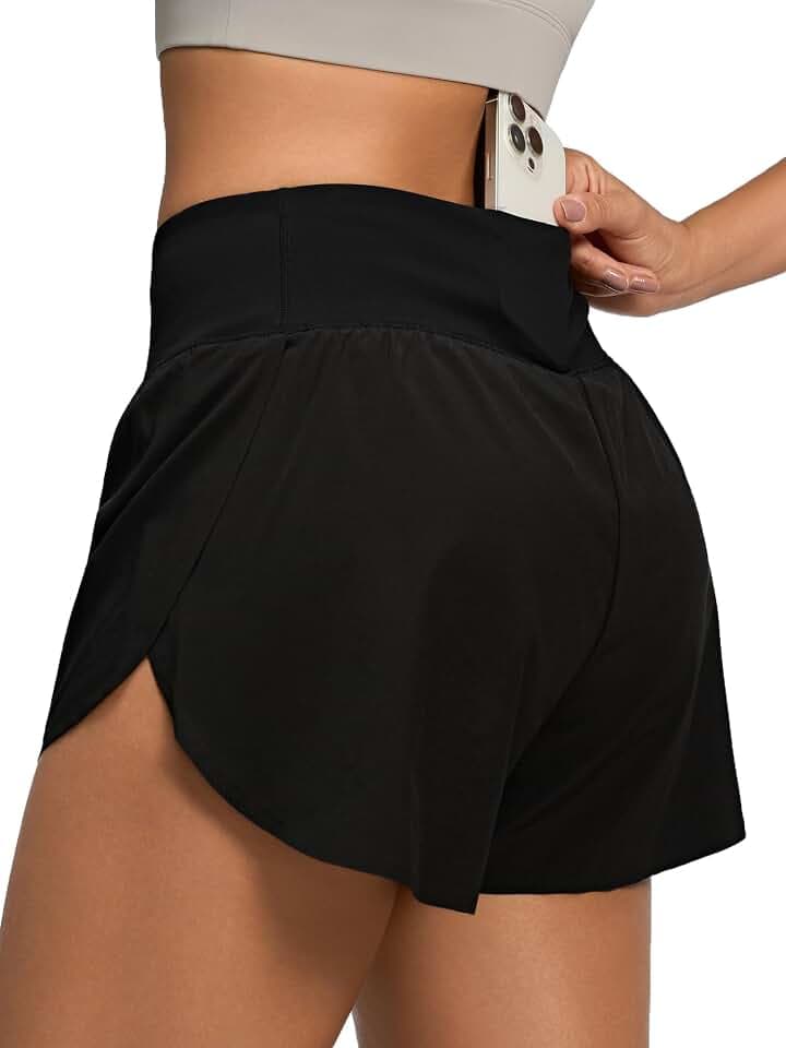 Women's High Waist 3" Athletic Running Shorts Comfy Mesh Liner,Back Pocket, High Split Dolphin Shorts for Gym Workout & Track