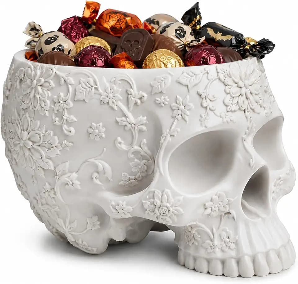 Halloween Skull Trick Or Treat Bowl Black Skeleton Planter Gothic Candy Pot