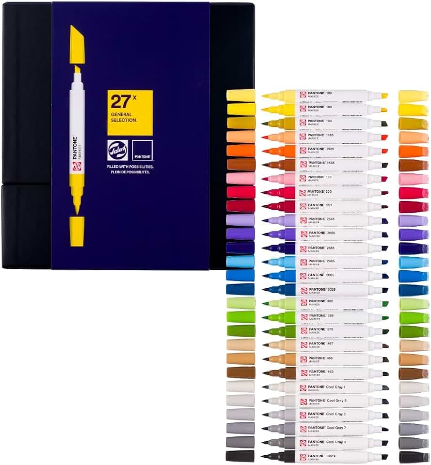 Talens | Pantone Marker 27er Set | Dual-Tip-Stift mit Pinselspitze und Keilspitze | Wasserbasierte, pigmentierte Tinte in Pantone-Farben