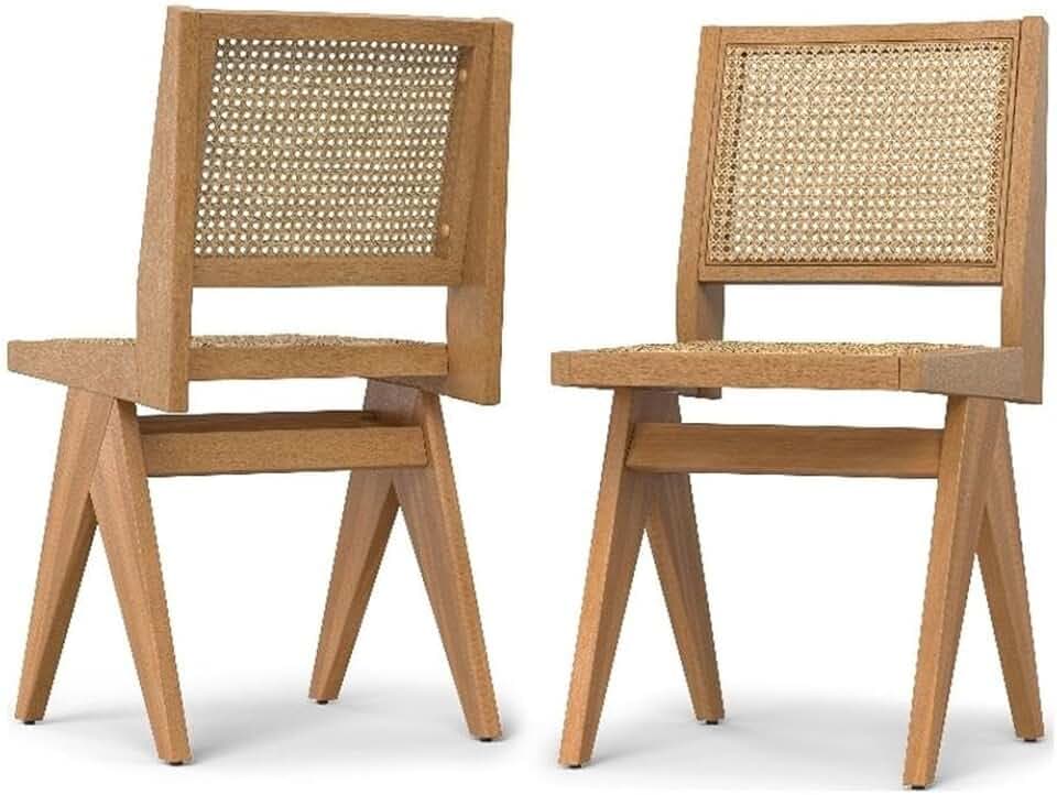 SIMPLIHOME Regina Dining Chairs - Mid-Century Modern Solid Beechwood and Rattan Kitchen Chair Set in Natural, Armless Dining Room Seating with Curved Back and Woven Cane Seat and Backrest (Set of 2)