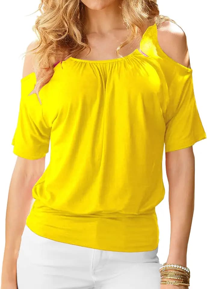 LEIYEE Womens Cold Shoulder Tops Summer Sexy Casual Short Sleeve Ruched Scoop Neck Banded Bottom Shirts Blouse