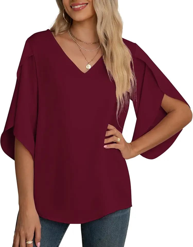 Yommay Damen Bluse Chiffon Kurzarm V Ausschnitt Lässig Leicht T-Shirts