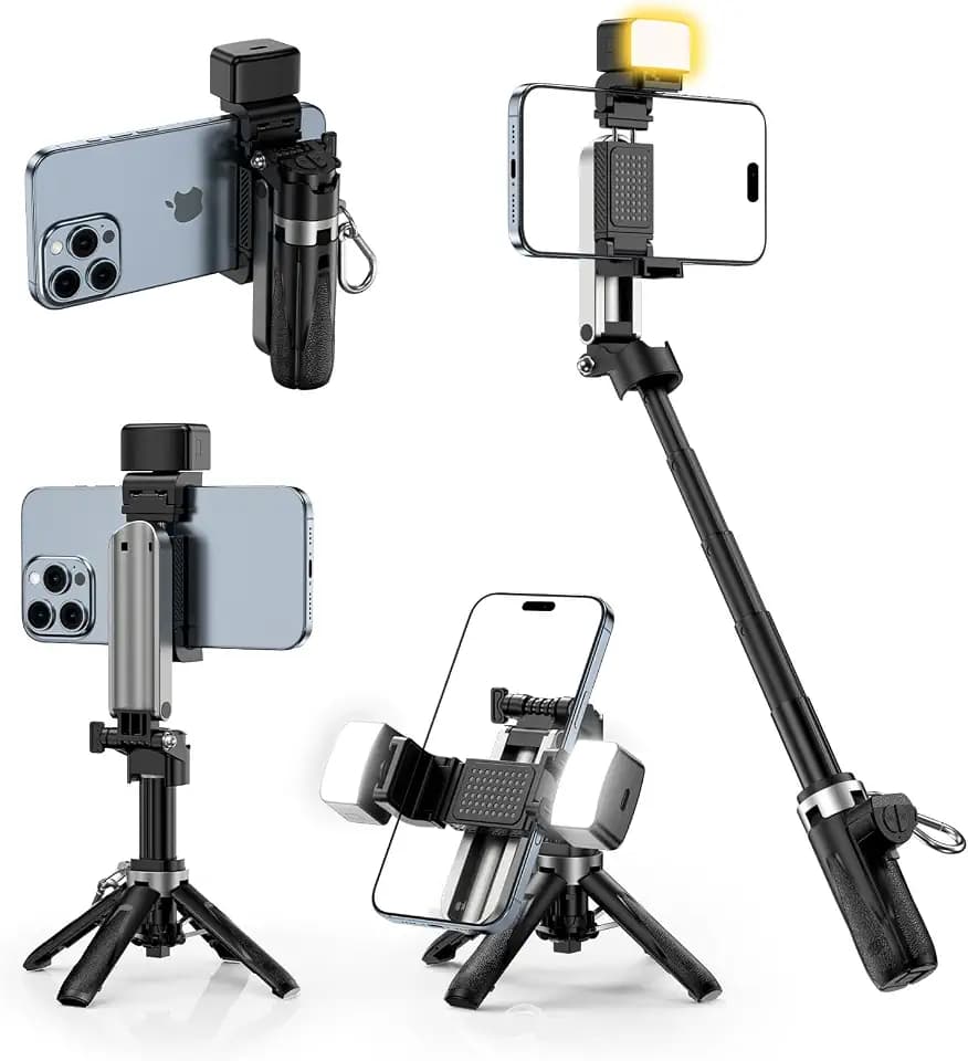 CloudValley PocketFlex Mini Tripod with Fill Light & Zoom Control, 3-in-1 Pocket Selfie Stick, [Compatible with MagSafe] Magnetic & Clamp Mount, Bluetooth Remote for iPhone/Android Vlog & Photo