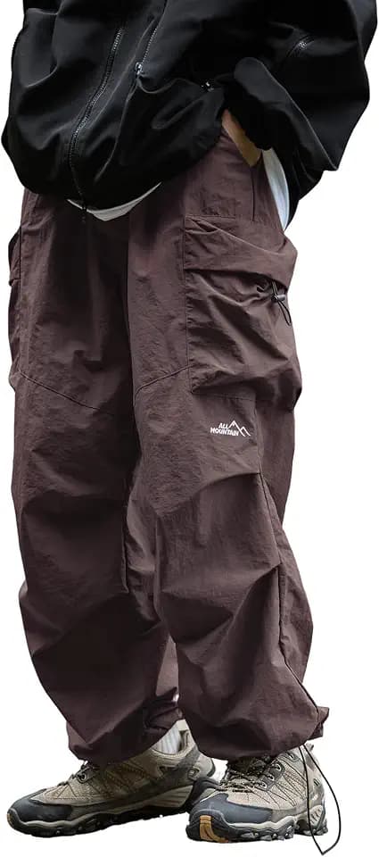 Men's Baggy Wide Leg Cargo Pants for Hiking Work Travel, Parachute Pants Elastic Waist Quick Dry with Pockets