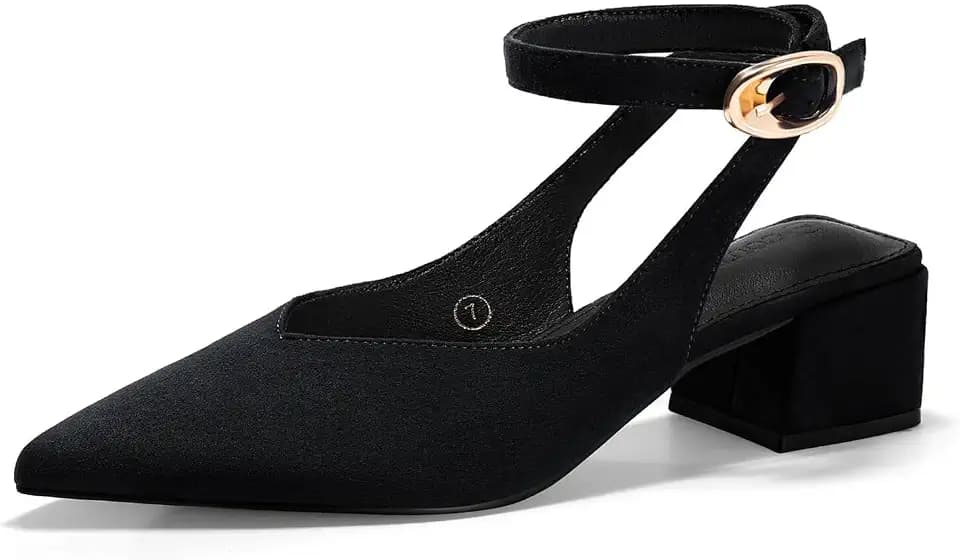 Coutgo Womens Closed Pointed Toe Heels Chunky Block Low Heel Ankle Strap Pumps Wedding Work Dress Shoes