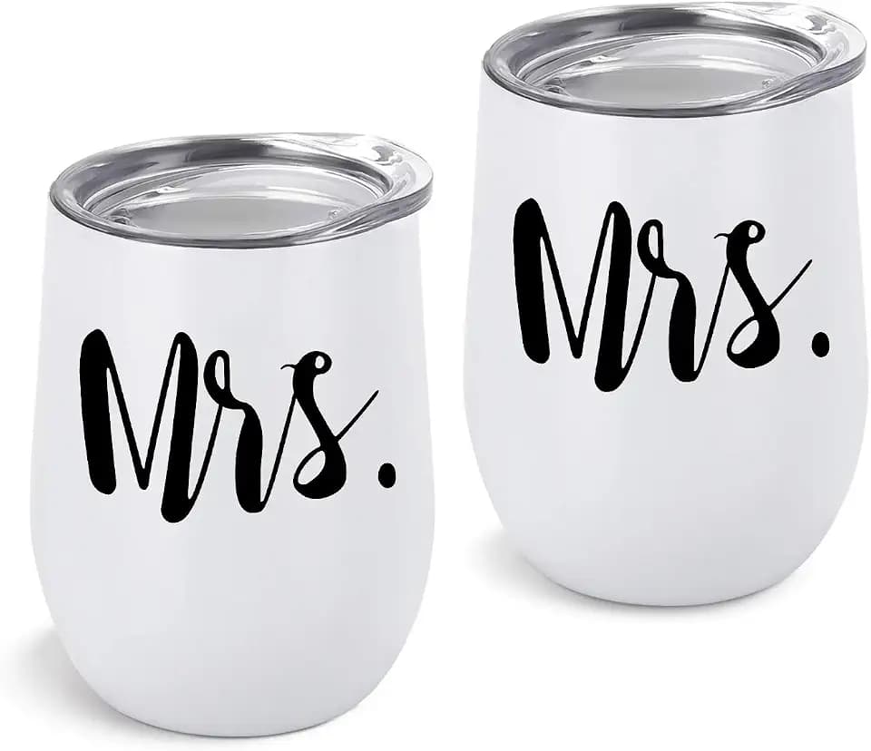 GINGPROUS 2 Pack Mrs and Mrs Wine Tumbler Set, Lesbian Couple Idea for Girlfriend, Engagement Wedding Anniversary LGBT Idea 12 Oz Insulated Stainless Steel Wine Tumbler with Lid, White