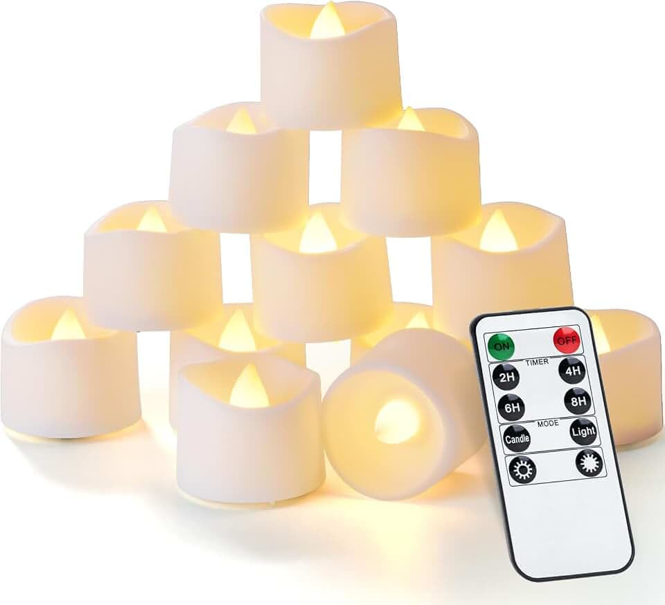 Homemory 12 Stück 2/4/6/8 Stunden Fernbedienung Timer Fake Kerzen, 400+ Stunden flackernde, flammenlose Teelichter, batteriebetrieben, LED-Votivkerzen für Hochzeit, Urlaub, Valentinstag, Dekoration