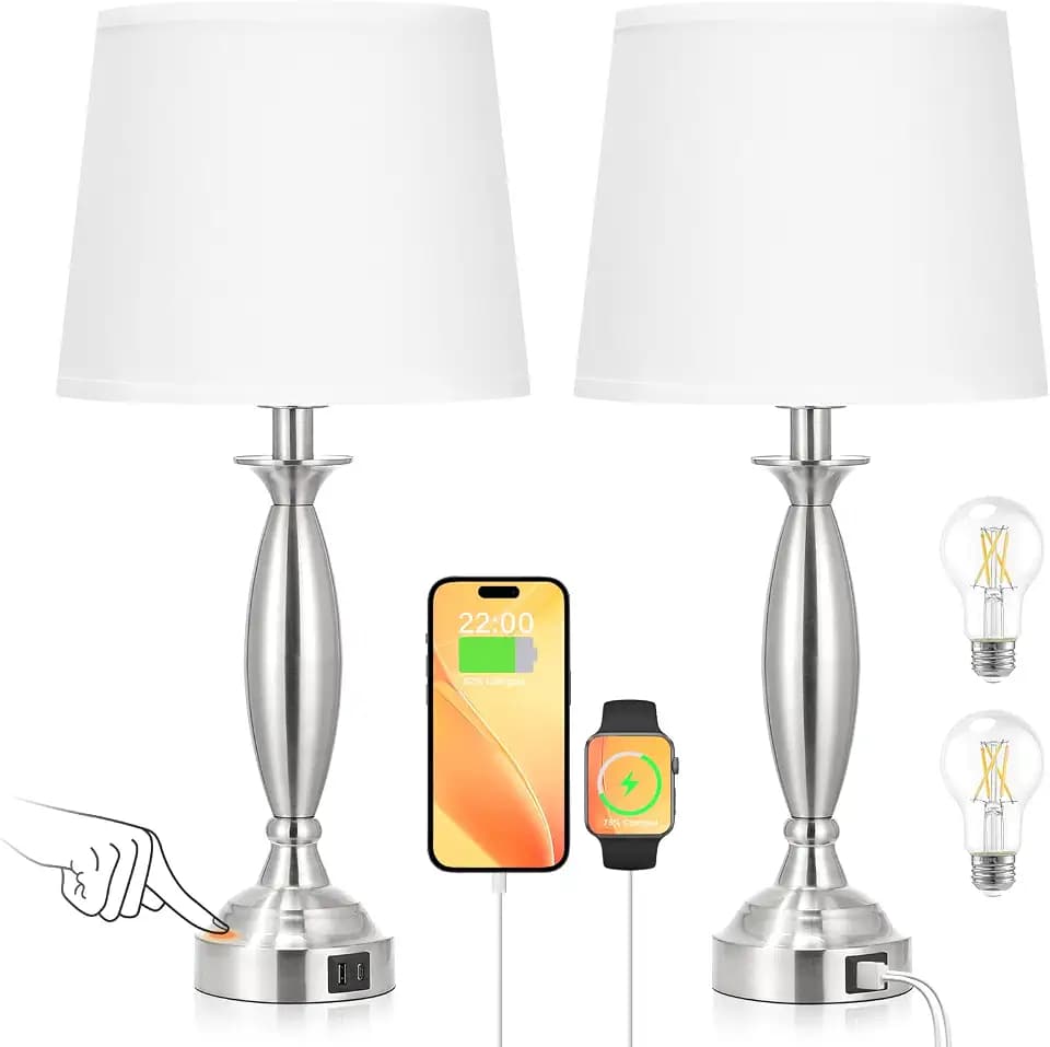 Bedroom Lamps for Nightstand, 3 Way Dimmable Silver Bedside Lamps with USB