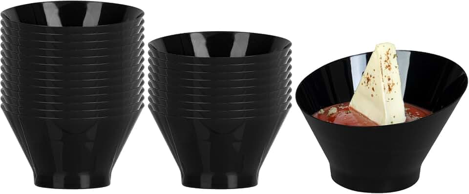 Restaurantware-5 Ounce Inch Serving Bowls, 100 Disposable Appetizer Bowls - Incline Design, Round, Black Plastic Snack Bowl, Durable, For Weddings Birthdays, And More