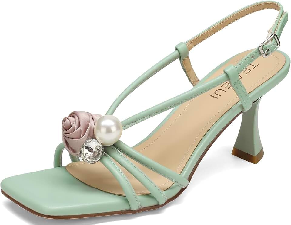 TEAIEUI Kitten Heels for Women with Pearl & Floral Detail 3-Inch Sexy Stiletto Sandals | Square Open Toe, Comfort, Ankle Strap, for Prom, Dress Shoes, Party, Wedding, Daily