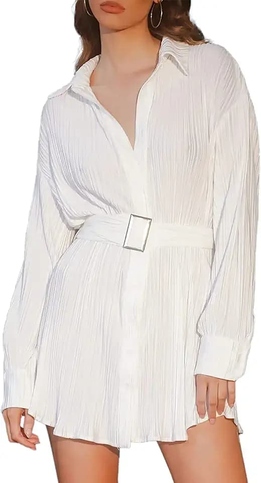 ABYOVRT Damen-Shirt-Kleid, langärmelig, plissiert, Minikleid, lässig, Knopfleiste, Tunika, Tops mit Gürtel, Vintage, Streetwear