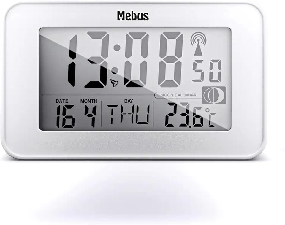 Mebus digitaler Funk-Wecker mit Mondkalender, Beleuchtung, Innenthermometer, 2 Weckzeiten, Schlummer-Funktion / Material: Kunststoff / Farbe: Weiß / Modell: 51461