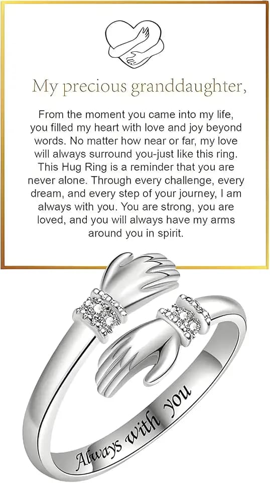 To My Granddaughter Hug Ring, Hope Rings Inspirational Stainless Steel Engarved With “Always With You” Message Adjustable Ring for Women Non Tarnish Jewelry Gift for Her Birthday Christmas