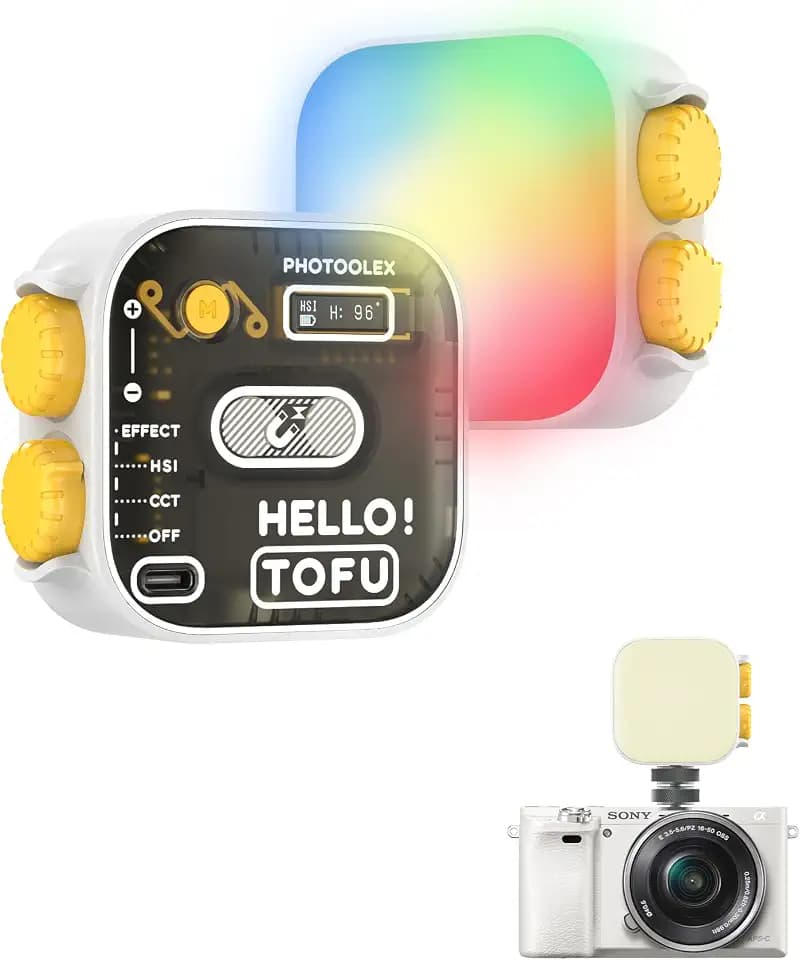 PHOTOOLEX Tofu RGB Video Light, LED Camera Light 360° Full Color Portable Photography Lighting, 2000mAh Rechargeable CRI 96+/21 Scene Modes/2500-9900K Dimmable Panel Lamp Support Magnetic Attraction