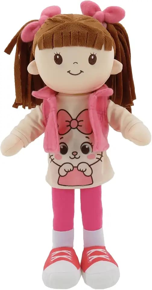 Linzy 15" Little Sweet Hearts Molly Doll, My First Doll Plush Rag Doll for Girls - Soft Baby Doll with Braided Pigtails & Bows, Washable Sensory Cloth Baby Doll, Stuffed Baby’s First Doll for Toddlers