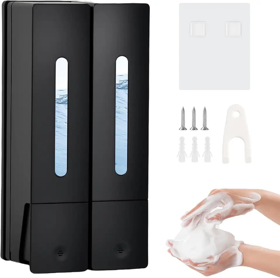 Seifenspender Wandbefestigung Ohne Bohren, 2 Kammer Duschgel Spender 400 ml, Conditioner und Shampoo Spender für Bad & Küche, Schwarz