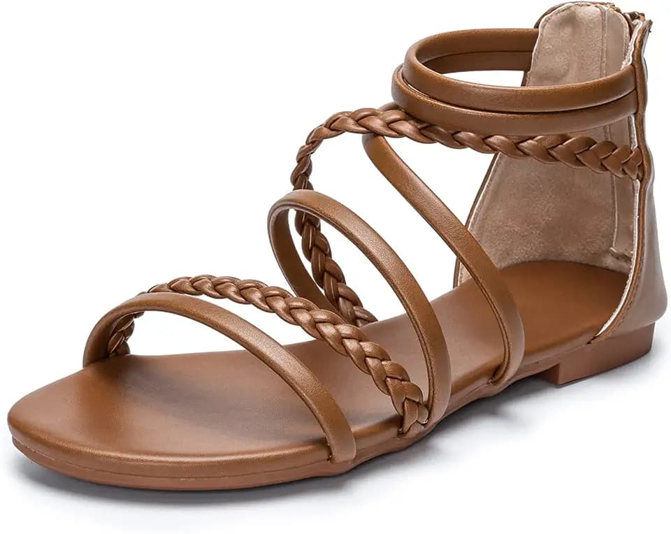 youngshow Women's Braided Strappy Sandals - Open Toe Dressy Gladiator Flat Sandals with Back Zipper, Casual Summer Beach Shoes