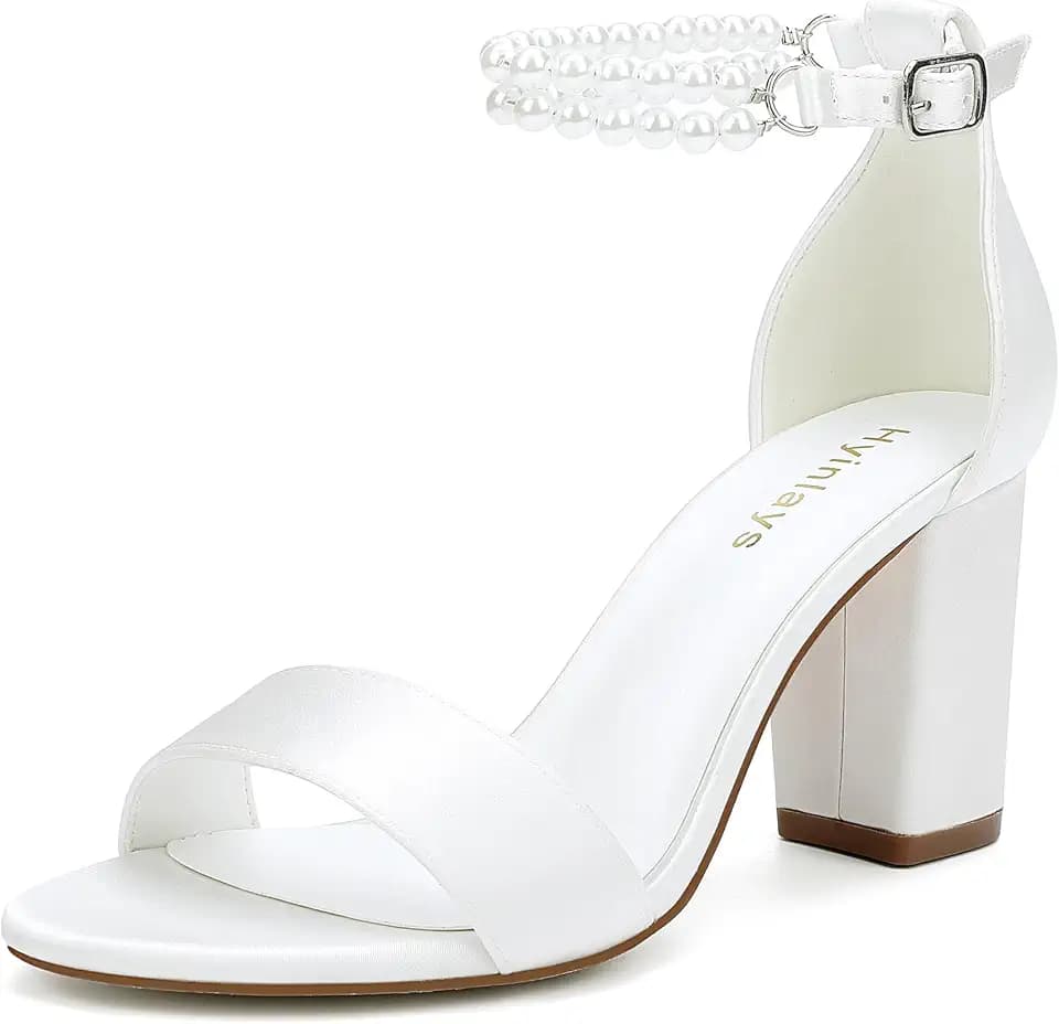Hyinlays Pearl Wedding Shoes for Bride Satin Block Heels Open Toe Chunky Bridal Shoes Sandals
