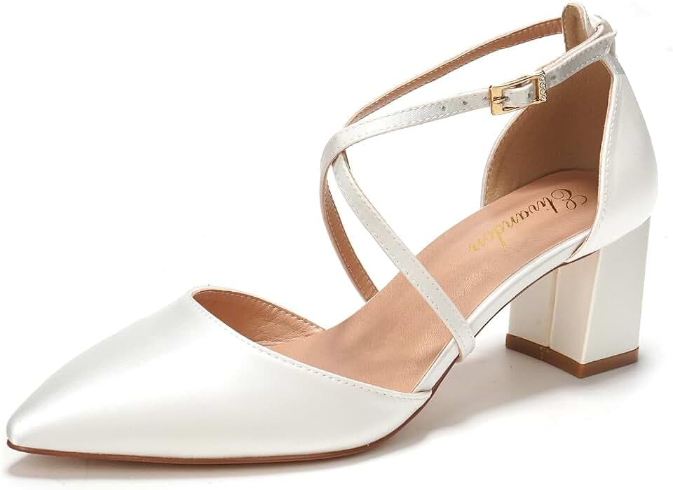 Elivandon J1586 Women's Satin Pointed Toe Mid-Heel Evening Sandals 2.36 inches Block Heel Bridal Party Wedding Pumps with Long Strap