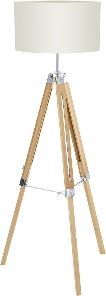 EGLO Stehlampe Lantada, Stehleuchte Vintage, Standleuchte aus Holz | Stahl und Textil, Wohnzimmerlampe in Natur und Beige, Lampe mit Schalter, FSC zertifiziert, E27 Fassung