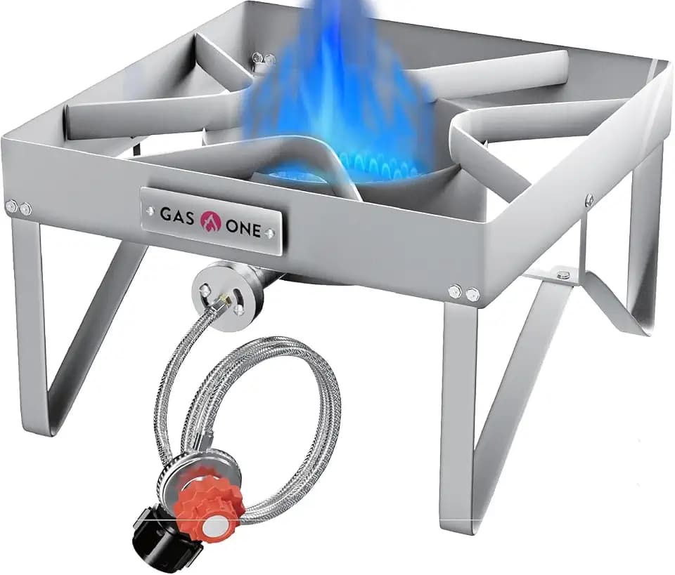 GasOne Stainless Steel Outdoor Propane Burner – High Pressure Camp Stove with Adjustable Regulator & Steel-Braided Hose
