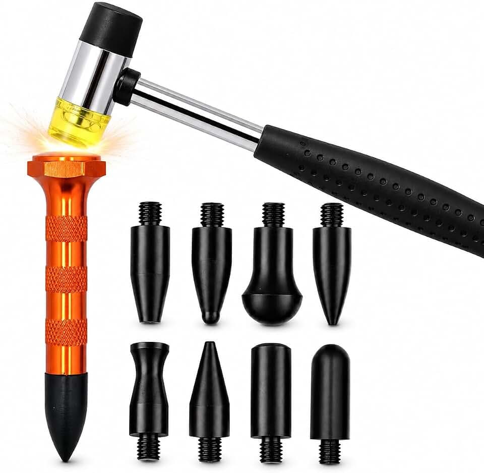 10Pcs Dent Repair Tool Kits Paintless Dent Removal Tap Down Tools Dent Rubber Hammer with 9 Different Shaped Hammer Heads for DIY dent Repair on Cars