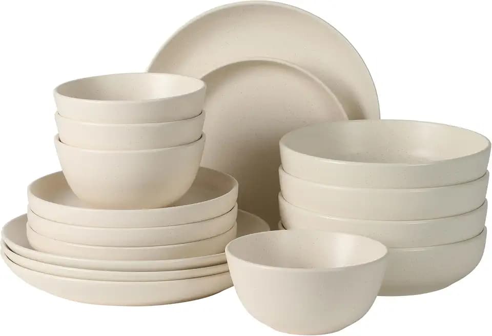 Gibson Elite Leeds Court Plates and Bowls Sets, 16-Piece Stoneware Dinnerware Sets, Cream White, Round Speckle Reactive Glaze Dish Set