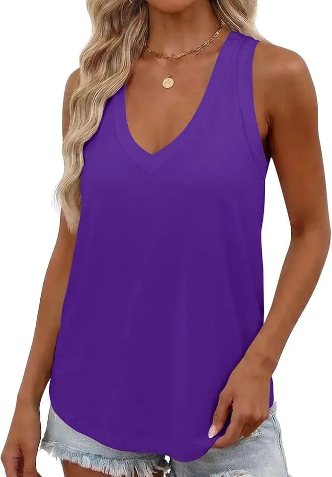 Smile Fish Women Summer Deep V Neck Tank Top Loose Fit Flowy Sleeveless Shirt