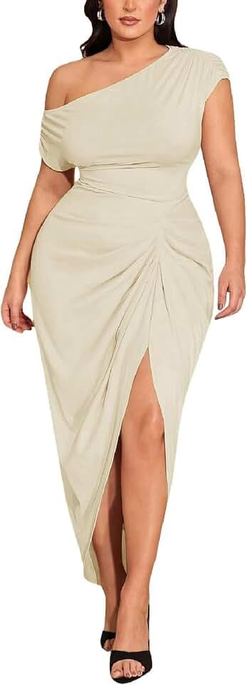 Floerns Women's Plus Size Asymmetrical Neck Ruched Slit Hem Cocktail Dress