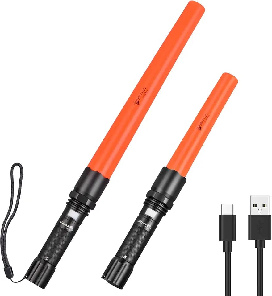 UltraFire Verkehrsstab Wiederaufladbare LED Taschenlampe 2 Pack, 619 Lumen USB-C Safety Taschenlampe, 3 Modi mit Rotem Blinkmodus, für Verkehrskontrolle, Feuerwehr, Flugzeug Lotsendienst, Camping