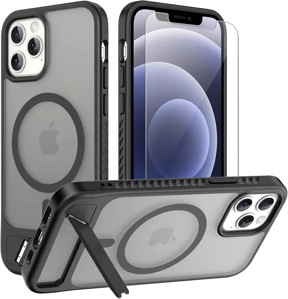 for iPhone 15 Pro Max case: [fit for Magsafe] Strong Magnetic & Invisible Stand, Military-Grade Drop Protection with Screen Protector, Adjustable Kickstand Frosted Translucent Matte Phone Case, Black