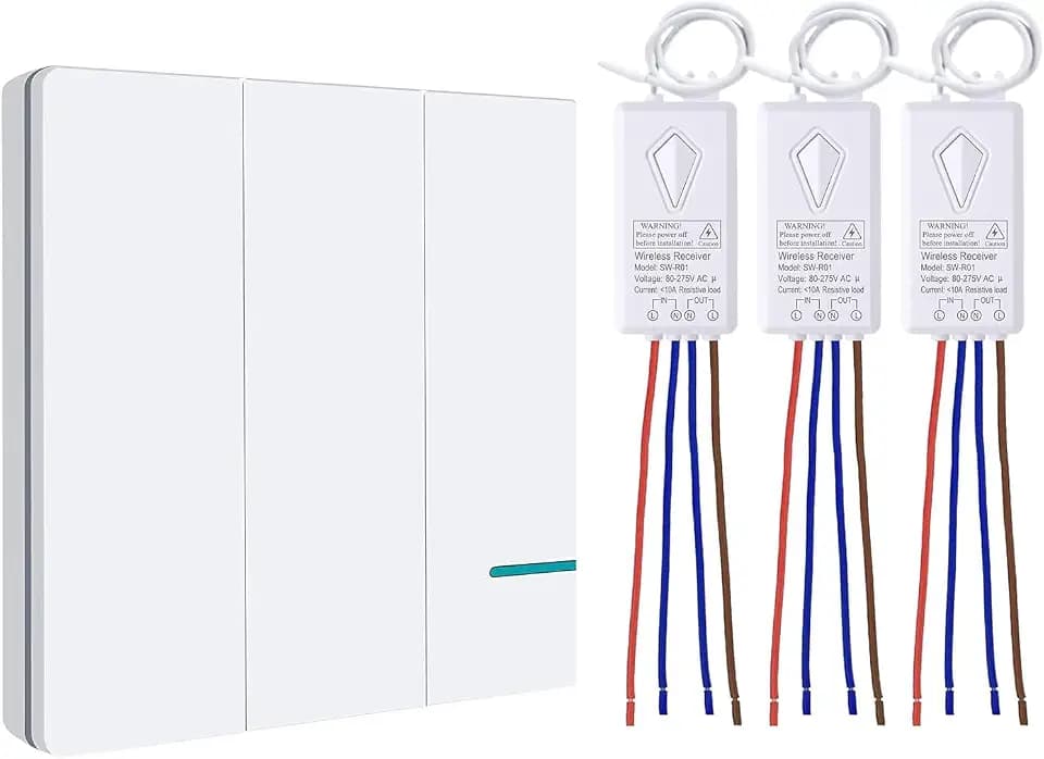 Wireless Light Switch, Thinkbee 3 Gang Remote Wall Switch with Mini Receiver Push Button Transmitter, Outdoor 1900ft Indoor 160ft, for House Office Hotel Factory Ceiling Lamp LED, IP66 Waterproof