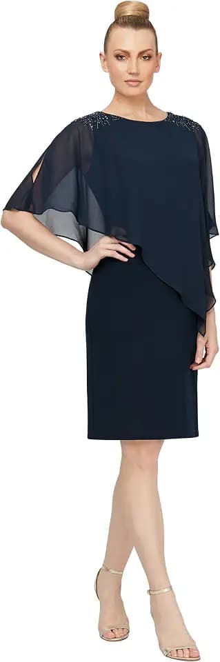 S.L. Fashions Women's Short Chiffon Beaded Capelet Dress (Petite and Regular)
