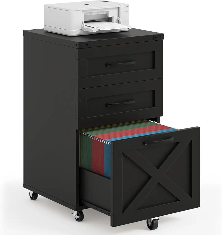 Halitaa Farmhouse 3 Drawer Small File Cabinet with Wheels, Black