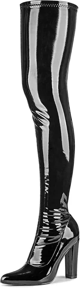 WSKEISP Women's Thigh High Boots Patent Leather Gogo Boots with Block Heel
