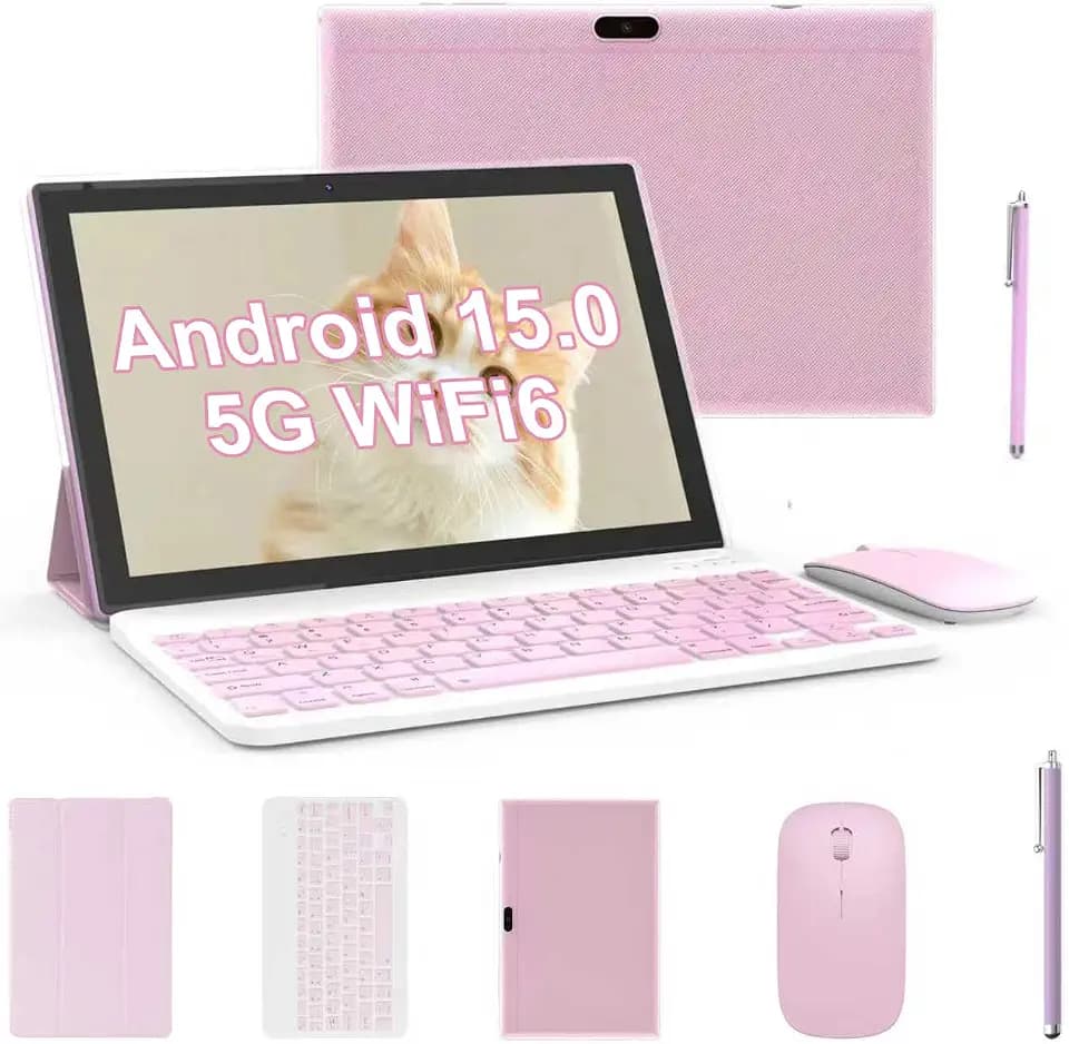 Tablet 2 in 1 Tablets 10 inch Android 15 Tablet Set with Keyboard Case Mouse Stylus Pen, 8GB+32GB Tablets 10.1" HD Touch Screen Tab, 2MP+8MP Dual Camera 6000mAh battery WiFi6 Bluetooth Tableta PC Pink