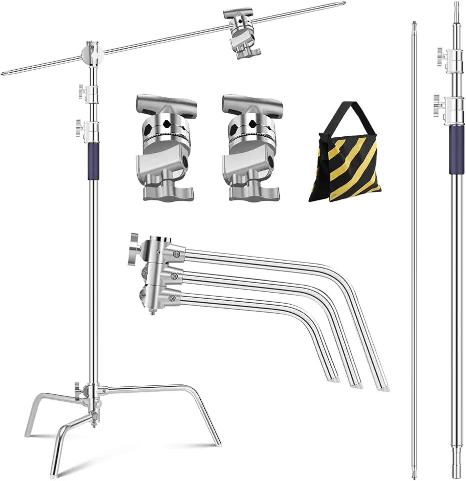K&F CONCEPT Heavy Duty C Stand, 10.8ft, with Holding Arm, Stainless Steel