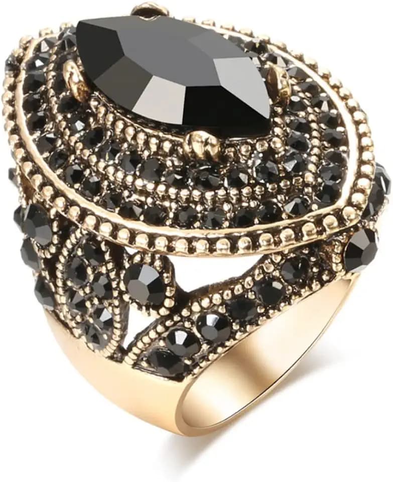 Vintage Gorgeous Big Size Gold Plated Crystal Inlaid Statement Ring Punk Turkish Colorful Gemstone Dinner Party Jewelry for Women