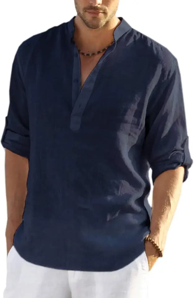 COOFANDY Men's Cotton Linen Henley T-Shirts Long Sleeve Casual Beach Shirts