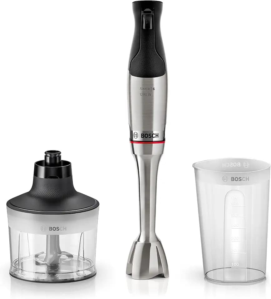 Bosch Stabmixer ErgoMaster Serie 6, Zerkleinerer, einhändig bedienbar, 4 Edelstahl-Klingen verschleißfreie Keramik-Kupplung, Luftkühlung, langlebig, Mixbecher, leistungsstark, 1200 W, MSM6M830