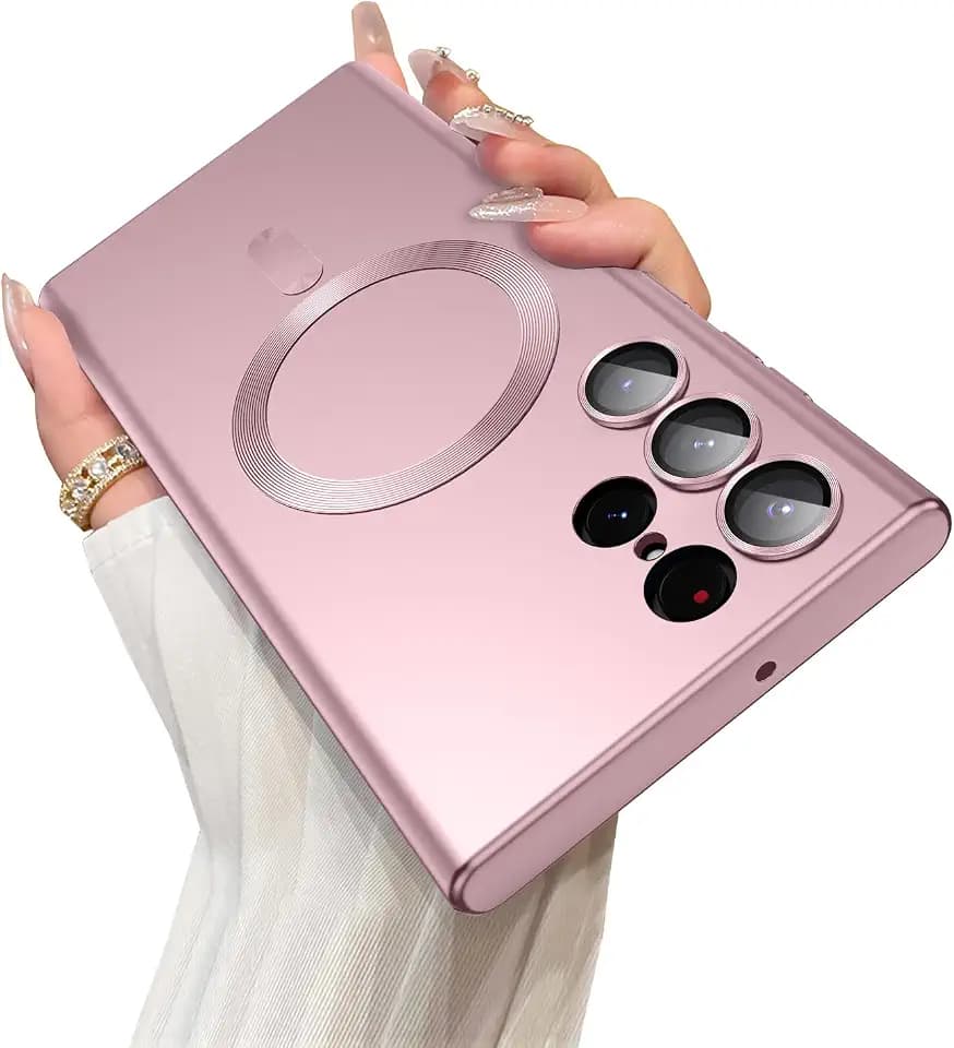 LEKEVO Magnetic for Samsung Galaxy S24 Ultra Case [Compatible with MagSafe][Built-in Camera Lens Protector] Slim Soft Silicone Bumper Shockproof Metallic Luster Phone Case (Rose Gold)
