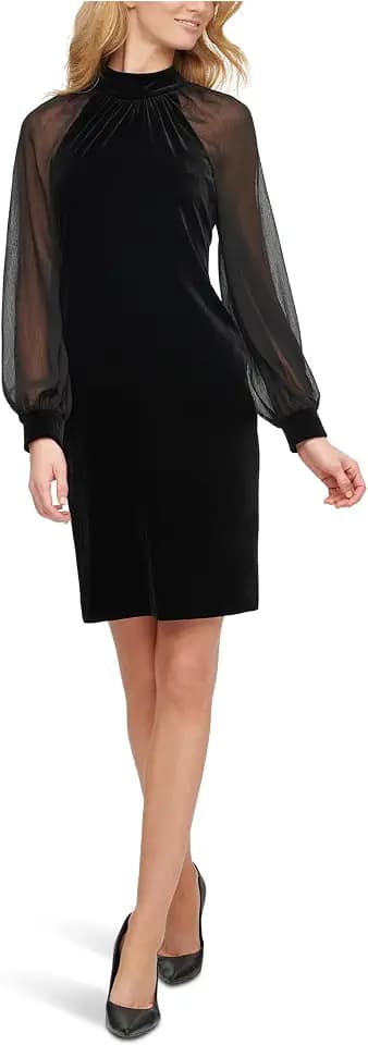 Calvin Klein Women's Long Chiffon Balloon Sleeve Mock Neck Shift Mini Dress